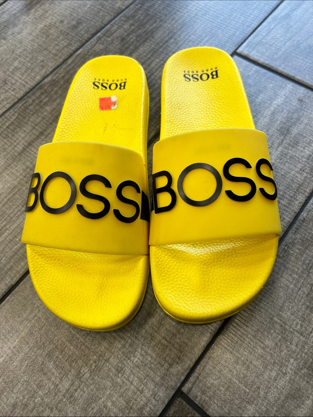 100% Authentic BOSS Bright Yellow Slide Sandals with Black Logo
